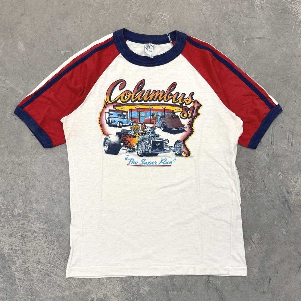 Vintage 80's Nascar Hot Rod Columbus Flames Single Stitch White Tee Shirt - M
